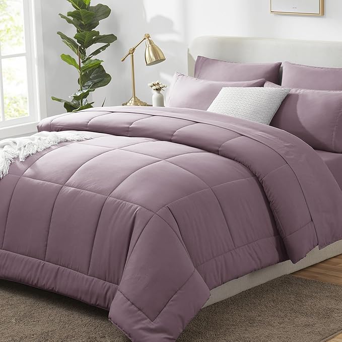CozyLux Queen Comforter Set Dusty Purple, 7 Pieces Bed in a Bag, Grayish Purple Comforters Queen Size, Bedding Set with All Season Quilted Comforter, Flat Sheet, Fitted Sheet, Pillowcases