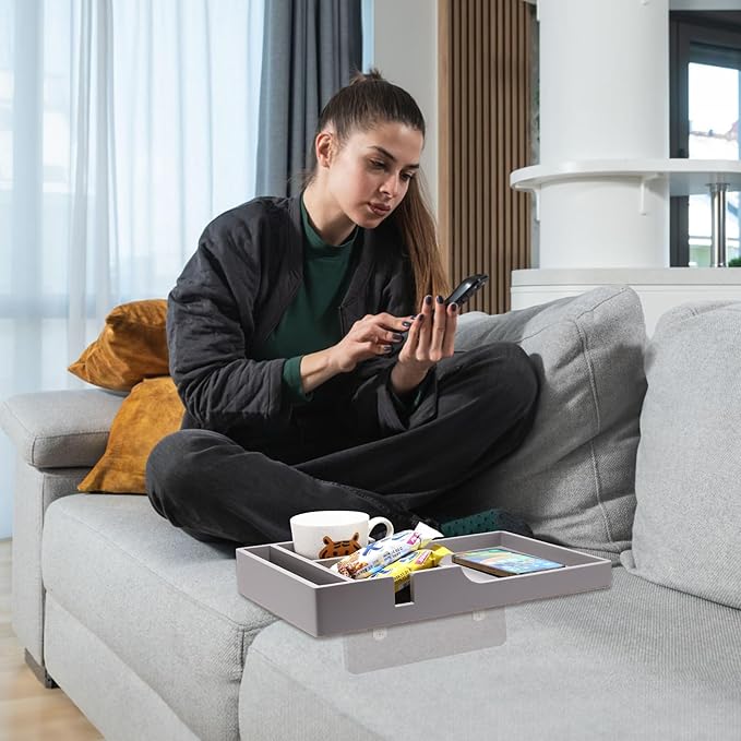 Nnewvante Couch Tray Between Cushion, 2-in-1 Insert & Flat Sofa Organizer Bamboo with 4 Compartments,Fits Middle Couch or Ottomans,for Snacks, Drinks, Remotes,15.35x9.84-inch,Gray