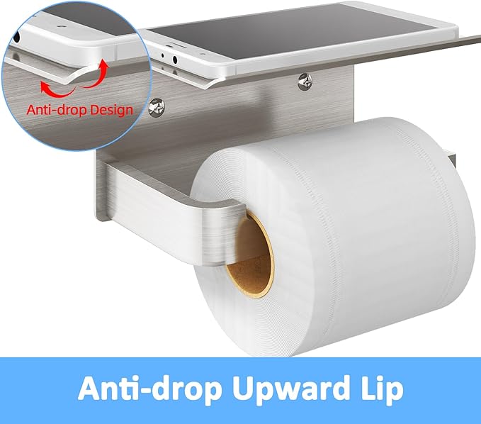 Gypie Toilet Paper Holder with Phone Shelf, Brushed Nickel Toilet Paper Holder Wall Mount, Rustproof Stainless Steel Bathroom Storage