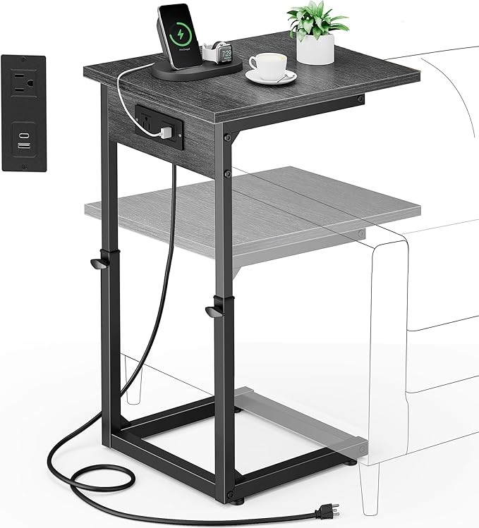 Vagusicc C Shaped End Table with Charging Station, 33" Tall Side Table for Couch, Adjustable Height C Table End Table, Couch Table Slide Under Sofa Table TV Tray Table for Living Room, Gray Walnut