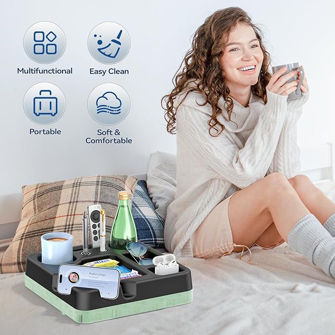 Couch Cup Holder Tray Couch Cup Holder Pillow Bed Tray Snack Sofa Bed Caddy Organizer Beach Sofa Drink Holder Anti-Spill Portable Snack Caddy Couch Remote Holder for Phone Pad Kindle Beverage Green
