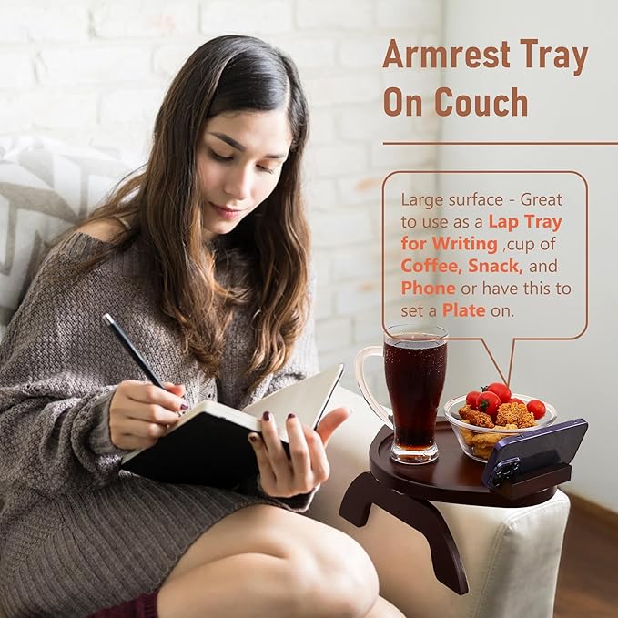 SINWANT Couch Arm Table, Bamboo Round Sofa Clip on Tray with 360° Phone Holder,Foldable Couch Armrest Table Eating on Chair Recliner for Snack Drink