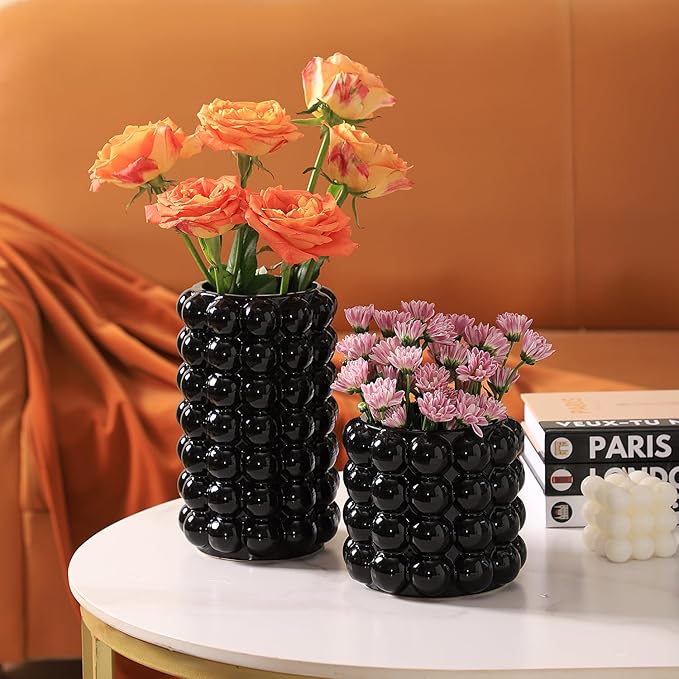 Black Bubble Vases, Black Ceramic Vases Set of 2, Boho Flower Vase for Pampas Grass, Decorative Vase for Dining Table, Wedding, Fireplace Mantel, Office, Wedding
