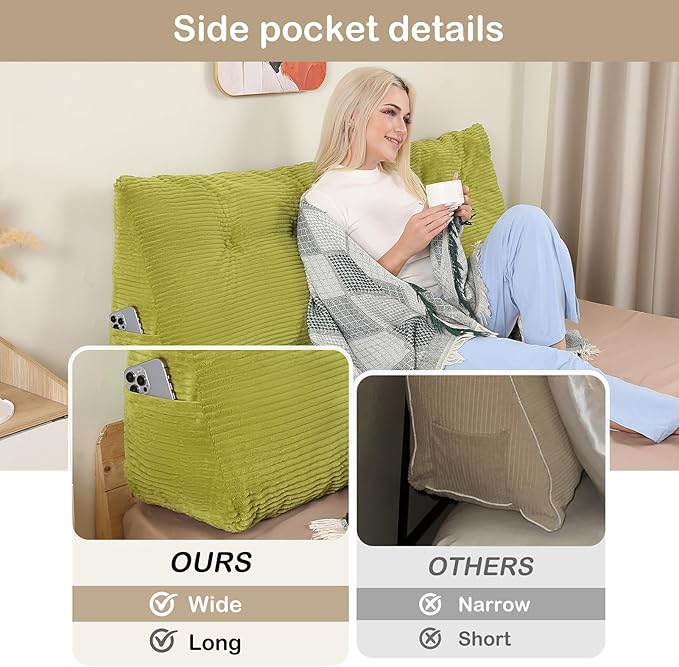 Headboard Pillow Twin, Wedge Headboard Pillow for Bed Sofa, Triangular Backrest Pillow with Removable Cover for Reading, Working, Sitting, Lime Green