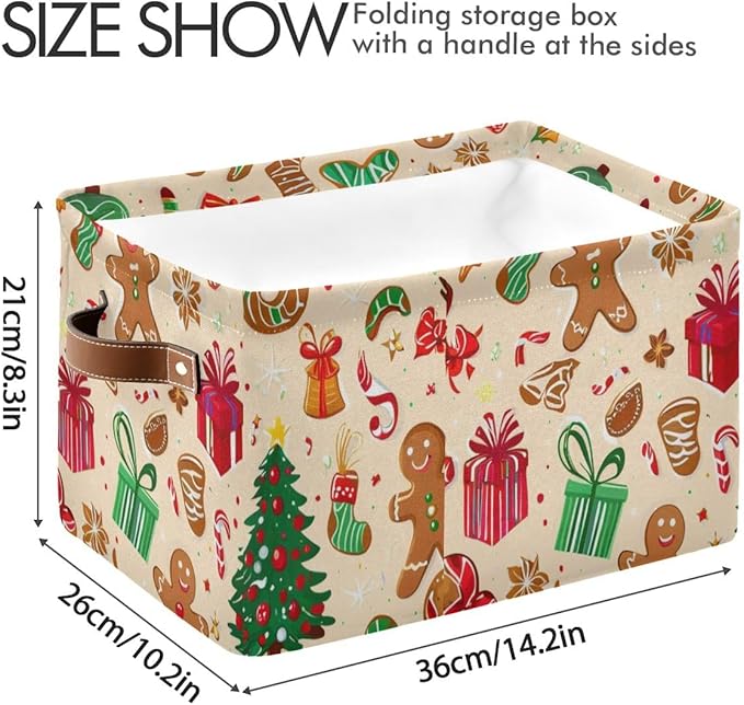 Christmas Storage Basket, Collapsible Canvas Organizer with Festive Pattern, 14.2x10.2x8.3 Inches, Brown Leather Handles, Water-Resistant Interior, for Home Bedroom Storage