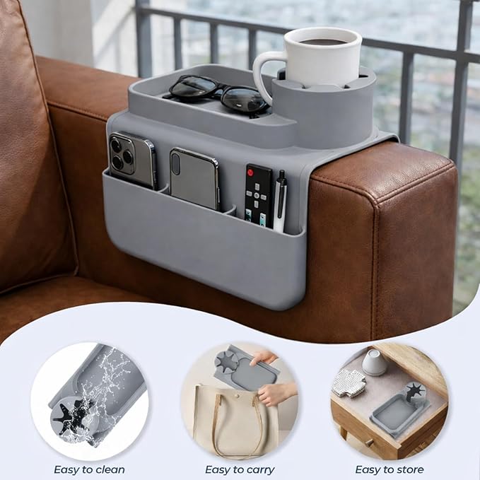 Silicone Couch Cup Holder Tray, 3-Side Sofa Armrest Organizer with Secure Gear-Shaped Locking Holder & Large Tablet Slot, Non-Slip Weighted Armchair Caddy, Couch Accessories (Grey)