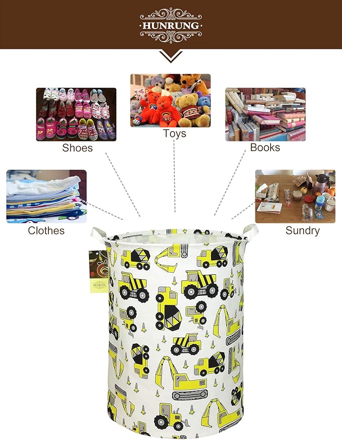 HUNRUNG Collapsible Fabric Storage Basket, Waterproof Laundry Hamper with Handles, Round Storage Bin for Clothes Toys, Foldable Organizer for Bedroom Nursery Bathroom(Round Engineering)