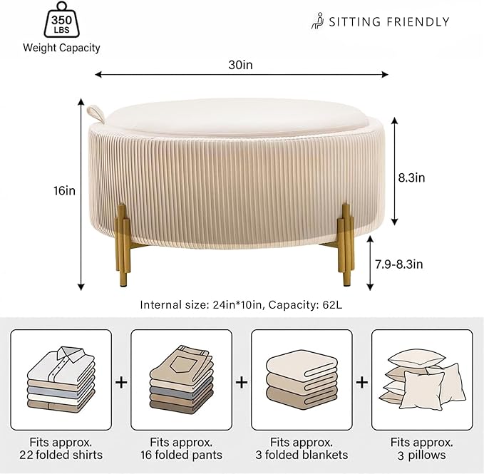 30'' Round Storage Ottoman Coffee Table, Modern Velvet Upholstered Ottoman with Lid and Metal Legs for Living Room, Bedroom (White)