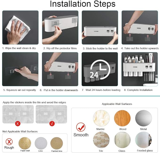 Toothbrush Holders for Bathrooms Wall Mounted, 6 Slot Toothbrush Holder with 2 Automatic Toothpaste Dispensers, 2 Magnetic Cups, Large Capacity Bathroom Organizer, Wall Storage with Drawer
