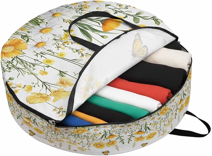 Spring Flower Round Storage Bag 24 Inch, White Yellow Floral Daisy Butterfly Flower Field Clothes Storage Container with Handles Heavy Duty Organizer for Comforter, Bedding & Holiday Wreaths