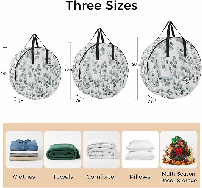 Spring Sage Round Storage Bag 30 Inch, Green Eucalyptus Plant Leaf Clothes Storage Container with Handles Heavy Duty Organizer for Comforter, Bedding & Holiday Wreaths