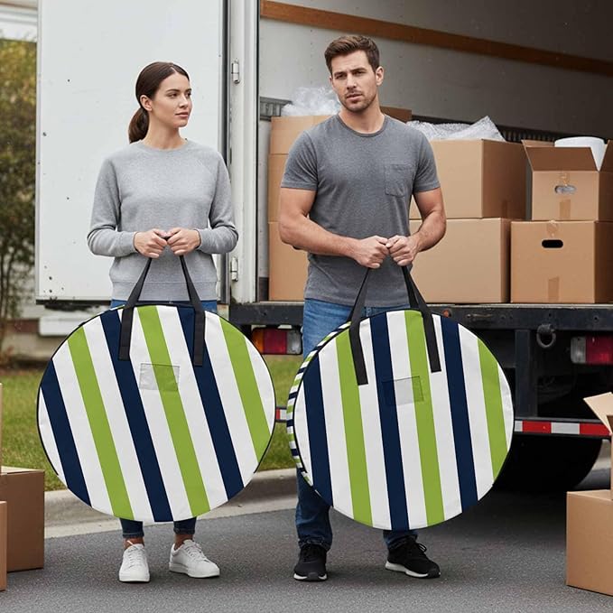 Storage Bag Navy Blue Green Stripes Round Storage Totes Bins Closet Organizers with Zippers & Handle Contrast Striped Clothes Storage Container for Bedroom Dorm Space Saving Packing Supplies Bags