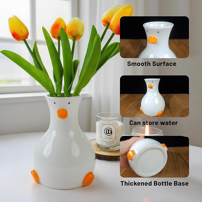 MOUGIGI Handcrafted Ceramic Duck Vase - White Modern Flower Vase with Unique Duck Design - Round Aesthetic Table Decor - Funky and Trendy Art Vase