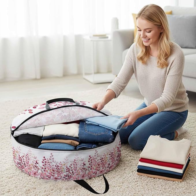 Storage Bag Pink Eucalyptus Leaves Round Storage Totes Bins Closet Organizers with Zippers & Handle Berry Branch Nature Plant Clothes Storage Container for Bedroom Dorm Space Saving Packing Supplies