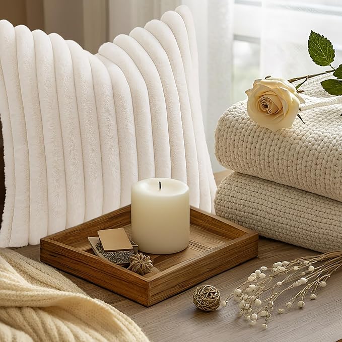 decorUhome Summer Cozy Faux Fur Throw Pillow Covers 20x20 Set of 2 Decorative Soft Plush Striped Modern Farmhouse Boho Couch Pillow Cases with Velvet Back for Sofa Bed Living Room, Cream White