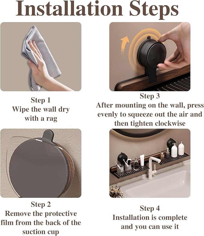 Walnut Bathroom Sink Shelf Over Faucet,2025 New No-Drill Shower Caddy Suction Cup with Strong Adhesion,Stable Over Sink Shower Rack for Easy Drainage,Wall Shelf for Bathroom,Kitchen (19.7IN/50CM)