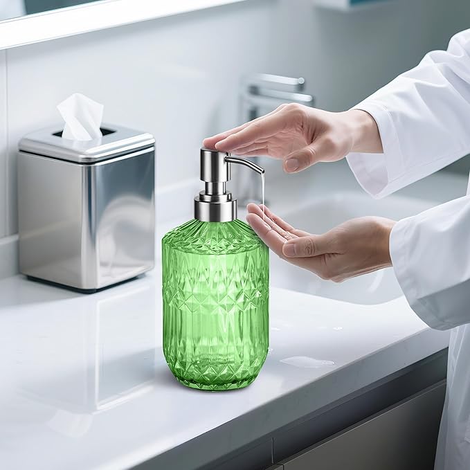 Kaishun 13 Oz Refillable Soap Dispenser, Glass Soap Dispenser for Dispense Hand Soap, Dish Soap, Lotion 2pack (Green)