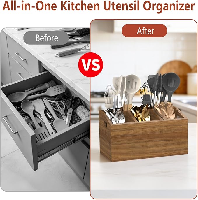 COAZEX Wooden Kitchen Utensil Holder for Countertop or Wall, Extra Large Acacia Wood Utensil Holder Organizer with 5 Compartments, Rustic Utensil Caddy for Cooking Tools & Silverware