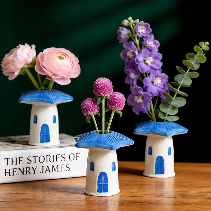 MOUGIGI Cute Blue House Ceramic Bud Vase Set of 3 - Handmade Miniature Vase with Star Roof for Dried Flowers, Chic Japandi Style Decor for Entryway, Dining,Coffee Table - Ideal Small Gift for Home
