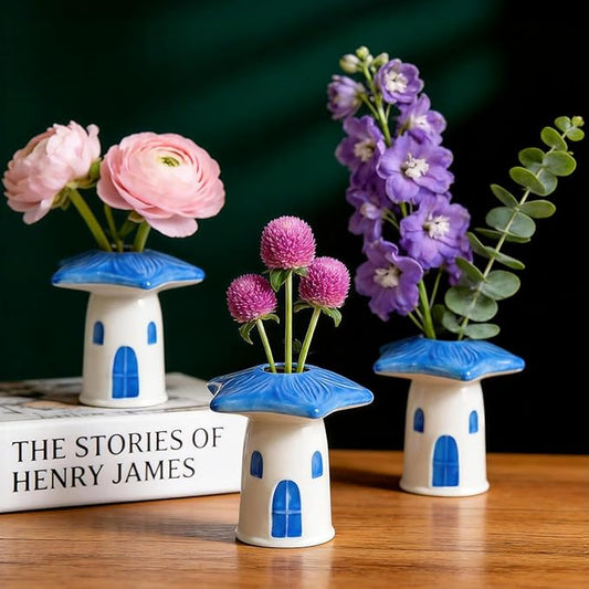 MOUGIGI Cute Blue House Ceramic Bud Vase Set of 3 - Handmade Miniature Vase with Star Roof for Dried Flowers, Chic Japandi Style Decor for Entryway, Dining,Coffee Table - Ideal Small Gift for Home