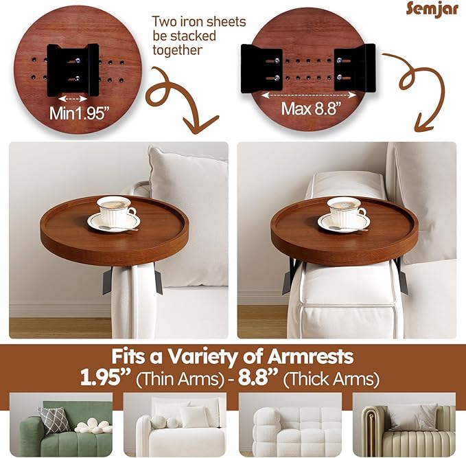 2 Pack Sofa Arm Tray,11.8“ Adjustable Natural Wood Couch Arm Trays Tables with Phone Holder,More Anti-Slip Clip On Chair Table Tray,Round Couch Armrest Cup Holder for Drinks Snack Eating
