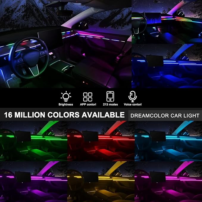 Dreamcolor Acrylic Interior Car LED Strip Light with Wireless APP, RGB 14 in 1 with 175 inches 593 LEDs Fiber Optic Ambient Lighting Kits, 16 Million Colors Sound Active Function Car Neon Lights