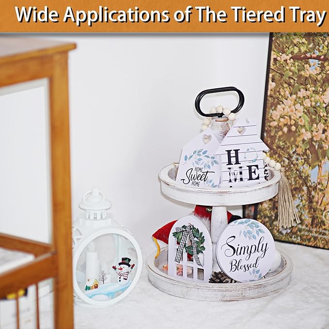 Decorative Tray - Two Tiered Tray Cupcake Stand Farmhouse Rustic 2 Tiered Serving Tray for Home and Kitchen Decor, Party, Weddings-Holiday Decoration Customizable Display Options(White)