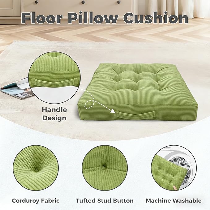 2 Pack Tufted Velvet Floor Pillows Orange Portable Seat Cushions with Handle, Floor Cushion Pillow Seats for Stadium Patio Dining Chairs 18x18 Inch