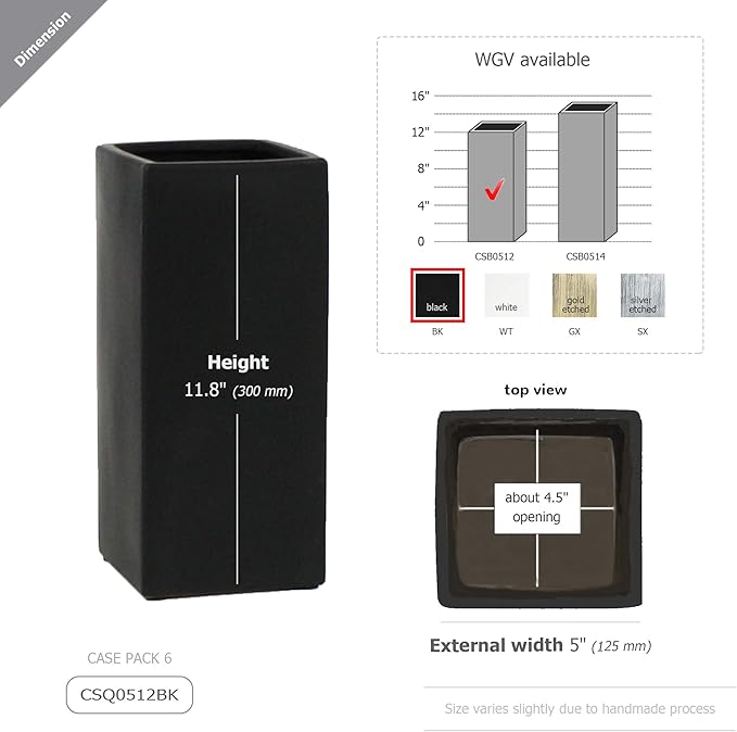 WGV Ceramic Block Vase Bulk, 5" W x 12" H, (Multiple Size/Color Choices) Matte Tall Square Flower Planter Pot, Accents Home Office Tabletop Decor, Ideal Gifts Black 6 Pieces (CSB0512BK)