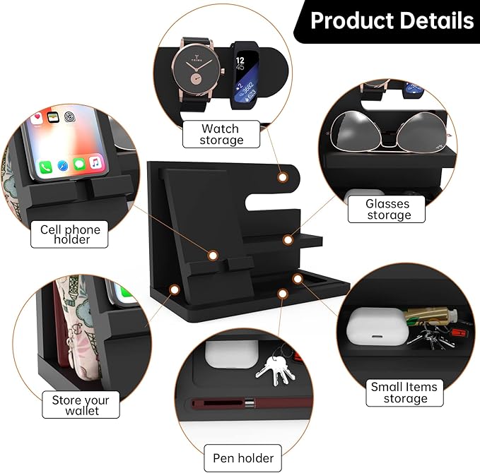 Gifts for Men Wood Phone Docking Station Birthday Gift for Men Valentines Day Gifts Father Gift for Him Boyfriend Nightstand Organizer Desktop Phone Stand Black