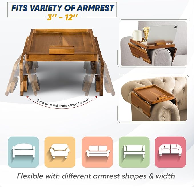 BLUEWEST Sofa Armrest Tray, Arm Table Sofa Arm Tray with Robust Large Grip Arm, Double Large SS304 Hinges & 360 Rotating Phone Bracket, Non-Slip, Flexible with Different Sofa Armrest Shapes and Width