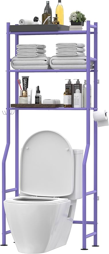 Livilord 3-Tier Over The Toilet Storage, Freestanding Metal Bathroom Shelves with 4 Hooks, Over Toilet Storage Shelf with Paper Holder, Above The Toilet Shelf for Bathroom Storage, Purple