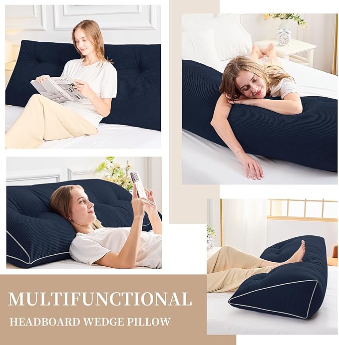 Sasttie Headboard Pillow Twin/Twin XL, Wedge Pillow Headboard for Dorm, Triangular Daybed Backrest Cushion for Sitting or Reading in Bed, with Removable Washable Cover, Navy