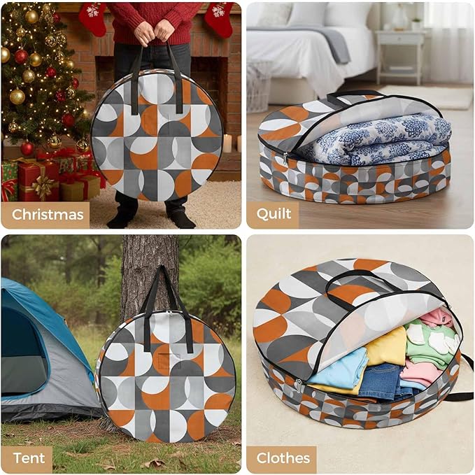 Storage Bag Mid Century Geometric Round Storage Totes Bins Closet Organizers with Zippers & Handle Abstract Modern Orange Clothes Storage Container for Bedroom Dorm Space Saving Packing Supplies Bags