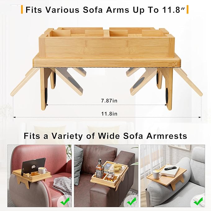 Bestjing Bamboo Couch Cup Holder Tray - 2 in 1 Couch Armrest Table with Be Slide-Away Detachable Double Holder - Sofa Armchair Caddy for Drinking Snacks iPad TV Remote