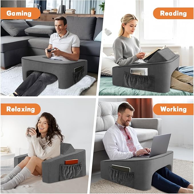 TranquilRelax Reading Pillow for Sitting in Bed Adult Size, Back Pillow for Bed Sitting Up, Memory Foam Gaming Pillow, Lap Pillow with Triangular Pillow, Grey Bed Desk for Laptop and Writing/Gaming