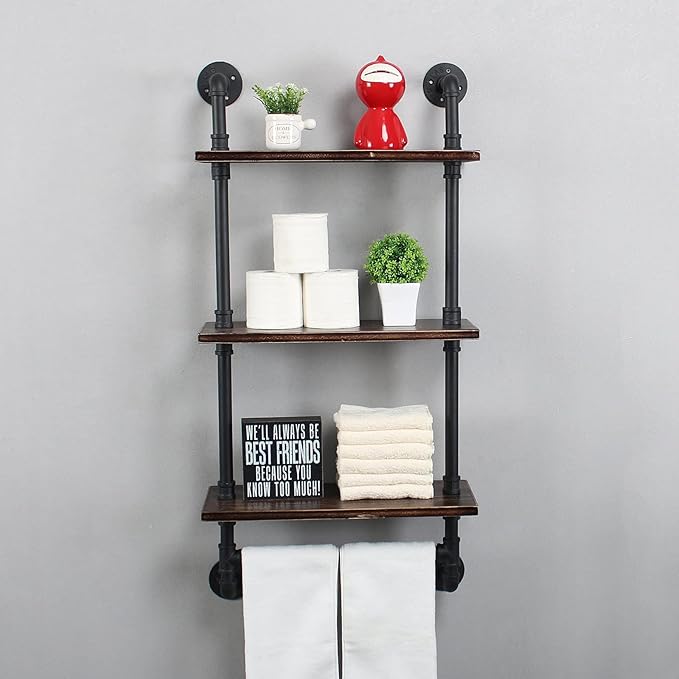 Industrial Pipe Shelf Bathroom Shelves Wall Mounted,19.6in Rustic Wood Shelf with Towel Bar,3 Tier Farmhouse Towel Rack Over Toilet,Pipe Shelving Floating Shelves Towel Holder,Retro Black