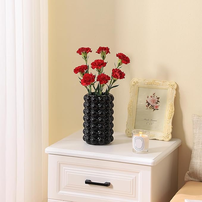 Black Bubble Vase, Black Ceramic Vase for Flowers, Tall Ceramic Vases for Boho Decor, Modern Vases for Living Room, Dinner Table, Bedroom, Wedding, Fireplace Mantel, 8.5 Inches