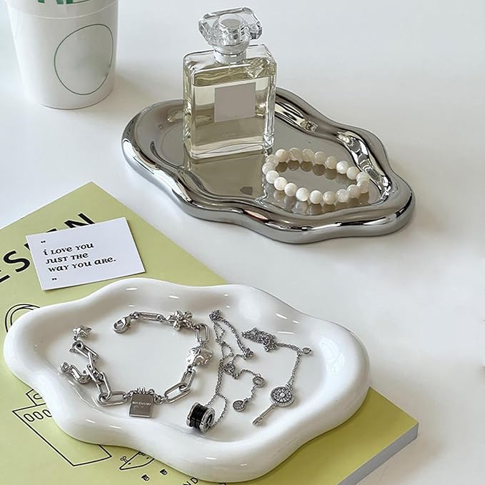 Jewelry Tray for Women, Cloud Shape Ceramic Trinket Dish, Jewelry Organizer Storage Holder for Ring Earring Bracelet Necklace, Make Up Organizer (White) (Silver)
