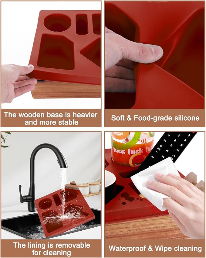 Couch Cup Holder Tray, Silicone Wooden Couch Caddy with Cup Holder for Snacks, Drinks, Remotes, Waterproof Cup Holder for Couch, Organizer, Couch Drink Holder, Easter Gifts (red)