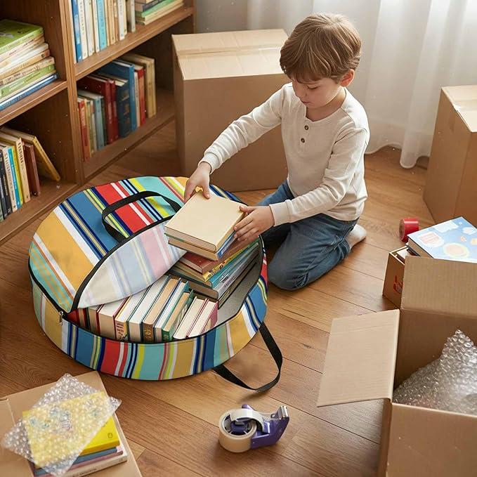 Storage Bag Colorful Stripes Round Storage Totes Bins Closet Organizers with Zippers & Handle Boho Style Lines Striped Clothes Storage Container for Bedroom Dorm Space Saving Packing Supplies Bags