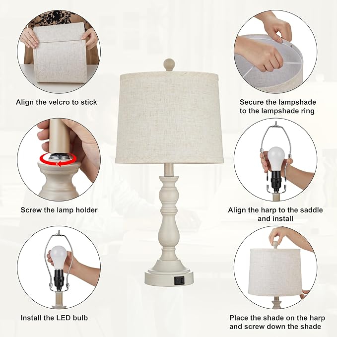 Farmhouse Side Table Lamps for Living Room Set of 2 with USB C+A Ports, Bedside Lamp for Bedroom, Dining Room Decor, Office, End Table, Knob Switch, 3 Color Temperatures, Bulb Included, Beige