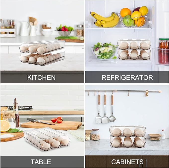 MesRosa Egg Holder for Fridge, Automatically Rolling Egg Storage Container for Refrigerator,Large Capacity Egg Organizer for Fridge with Lid,Clear Plastic Dispenser, Tray & Bin -2 Layer