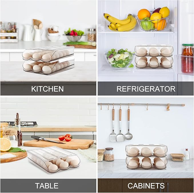 MesRosa Egg Holder for Fridge, Automatically Rolling Egg Storage Container for Refrigerator,Large Capacity Egg Organizer for Fridge with Lid,Clear Plastic Dispenser, Tray & Bin -1 Layer