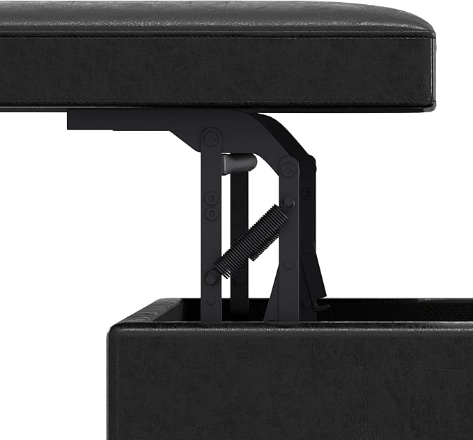 SIMPLIHOME Owen Lift Top Coffee Table Storage Ottoman - 42 inch Wide Upholstered Vegan Leather Rectangular Lift-Top Ottoman in Distressed Black, Mid-Century Modern Ottoman for Living Room