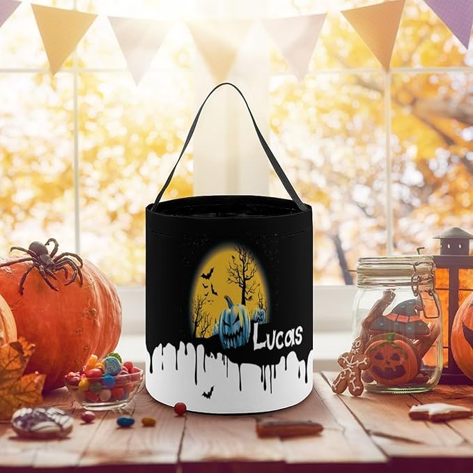 Personalized Halloween Trick or Treat Candy Bag with Name Custom Text Party Tote Bucket Halloween Candy Basket Gift (Bag-7)