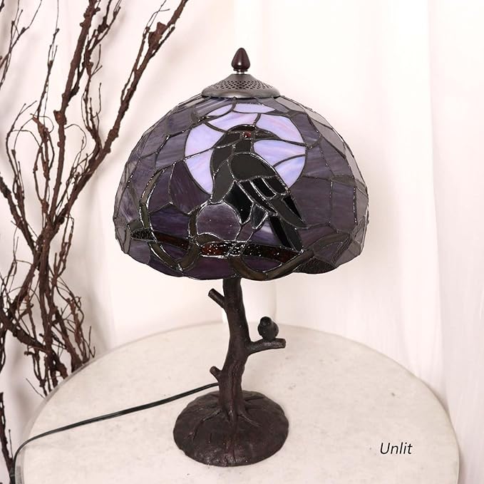 Bieye L12024 Raven Sitting on Bare Tree Branch in Full Moon Night Tiffany Style Stained Glass Table Lamp for Home Decor (Dark Purple, 12Wx20H)