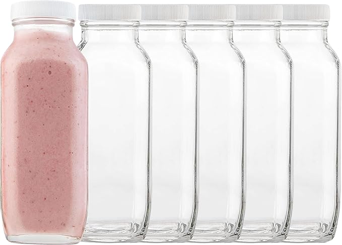 kitchentoolz 16oz Square Glass Milk Bottle with Lid - Airtight Vintage Reusable Dairy Drinking Jars Containers for Milk, Yogurt, Smoothies, Juice, Kefir, & Water (Pack of 6)