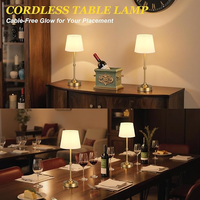 Kakanuo Rechargeable Cordless Table Lamp Gold - 2 Pack Brass 4000mAh Battery Operated Lamp, Touch Control Stepless Dimming, for Home Decor, Dining Table, Living Room, Bedroom