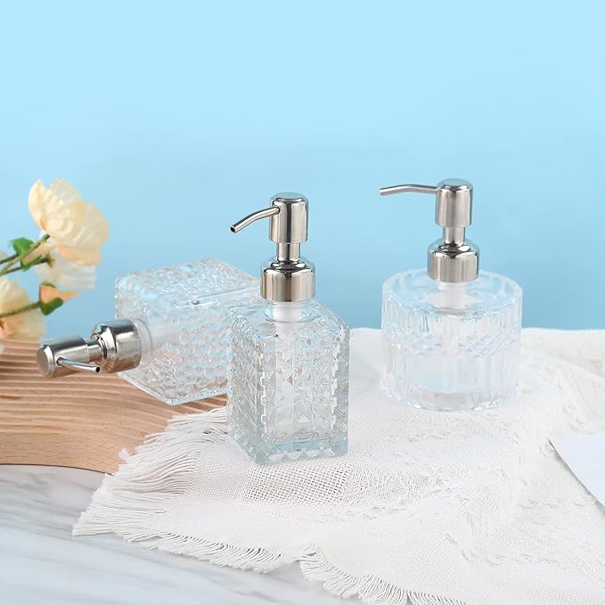 YunNasi Soap Dispenser with Stainless Steel Pump, Clear Crystal Design, Vintage and Elegant, Refillable Liquid Hand Soap Dish Soap Dispensers for Bathroom Counter, Kitchen Sink (Style 5)